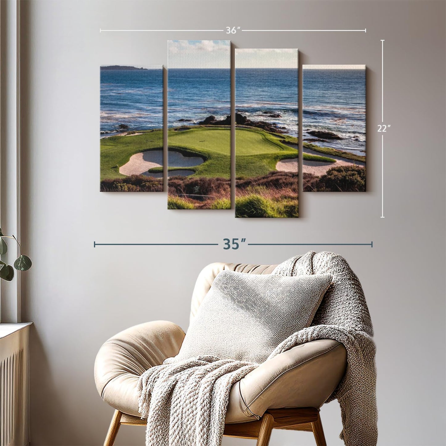 Elephant Stock California Coastline Golf Course Wall Art - Horizontal Canvas - 4-Piece Living Room Wall Decor - Photography Sports Canvas Print - Brown and Beige Decor for Wall - 36" X 22"
