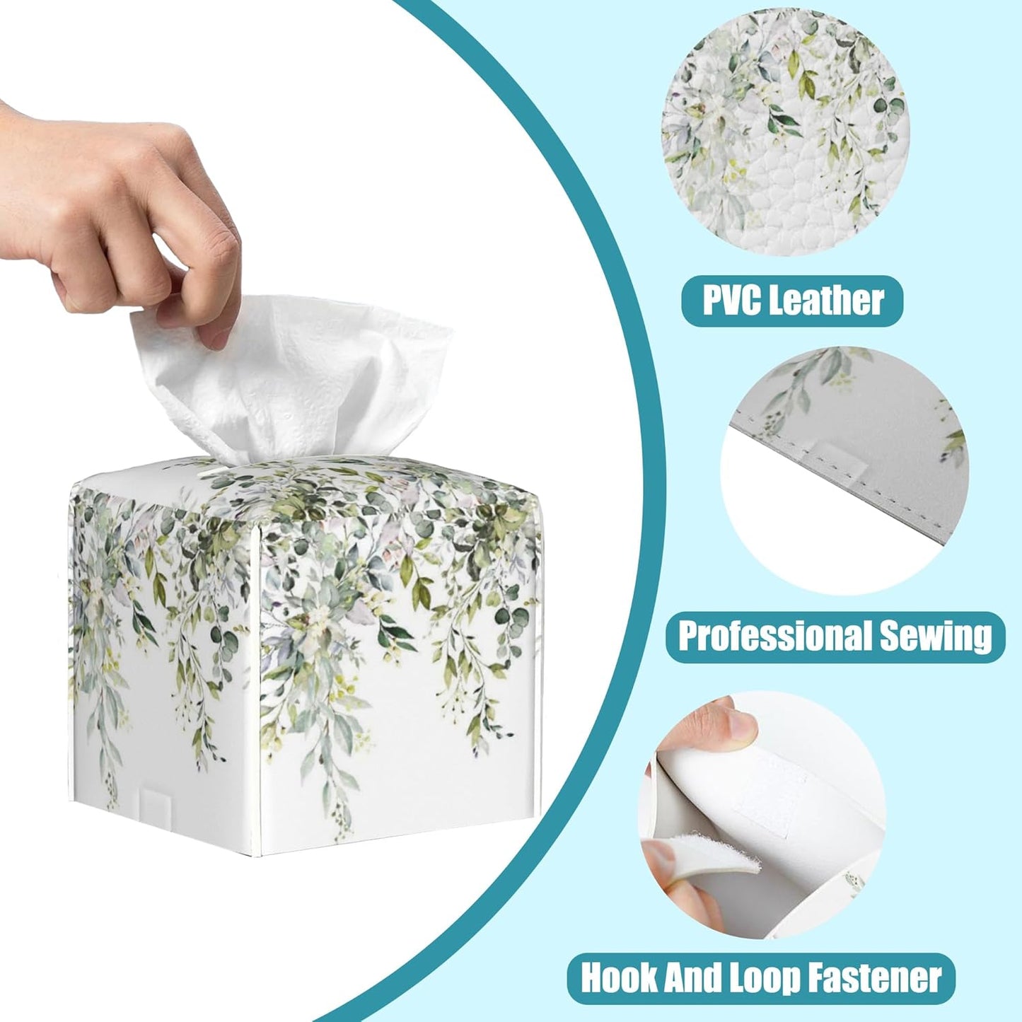 Watercolor Floral Leaves Tissue Box Holder,Square Leather Tissue Box Cover with Bottom Belt,Waterproof Modern Napkin Holder Organizer for Car Bathroom Nightstand Vanity Tabletop,5.2" x 5.2" x 5.2"