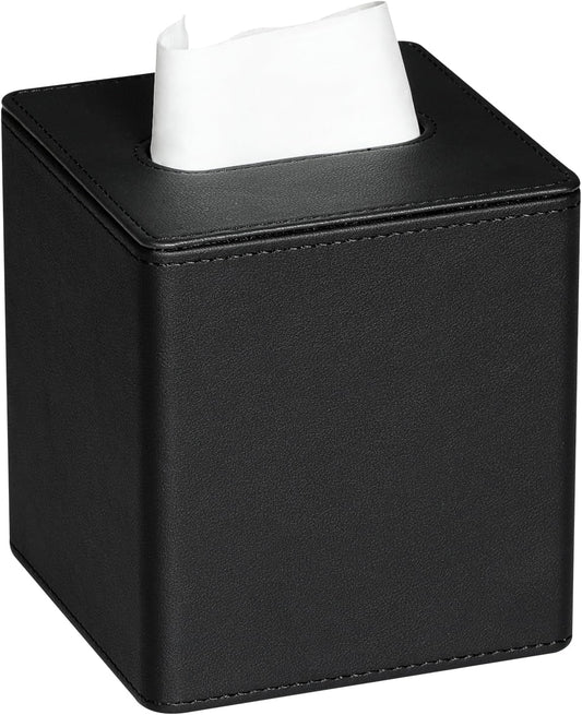 PU Leather Tissue Box Cover Square Tissue Box Holder with Magnetic Closure (Black)