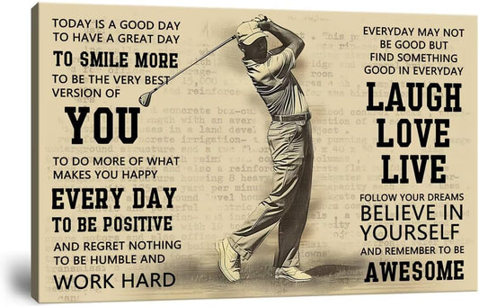 Vintage Golf Poster Inspirational Quotes Wall Decor Today is a Good Day Motivational Pictures Canvas Print Golf Artwork Painting for Boys Room Home Decorations Framed Ready to Hang (12 x 16 inch)