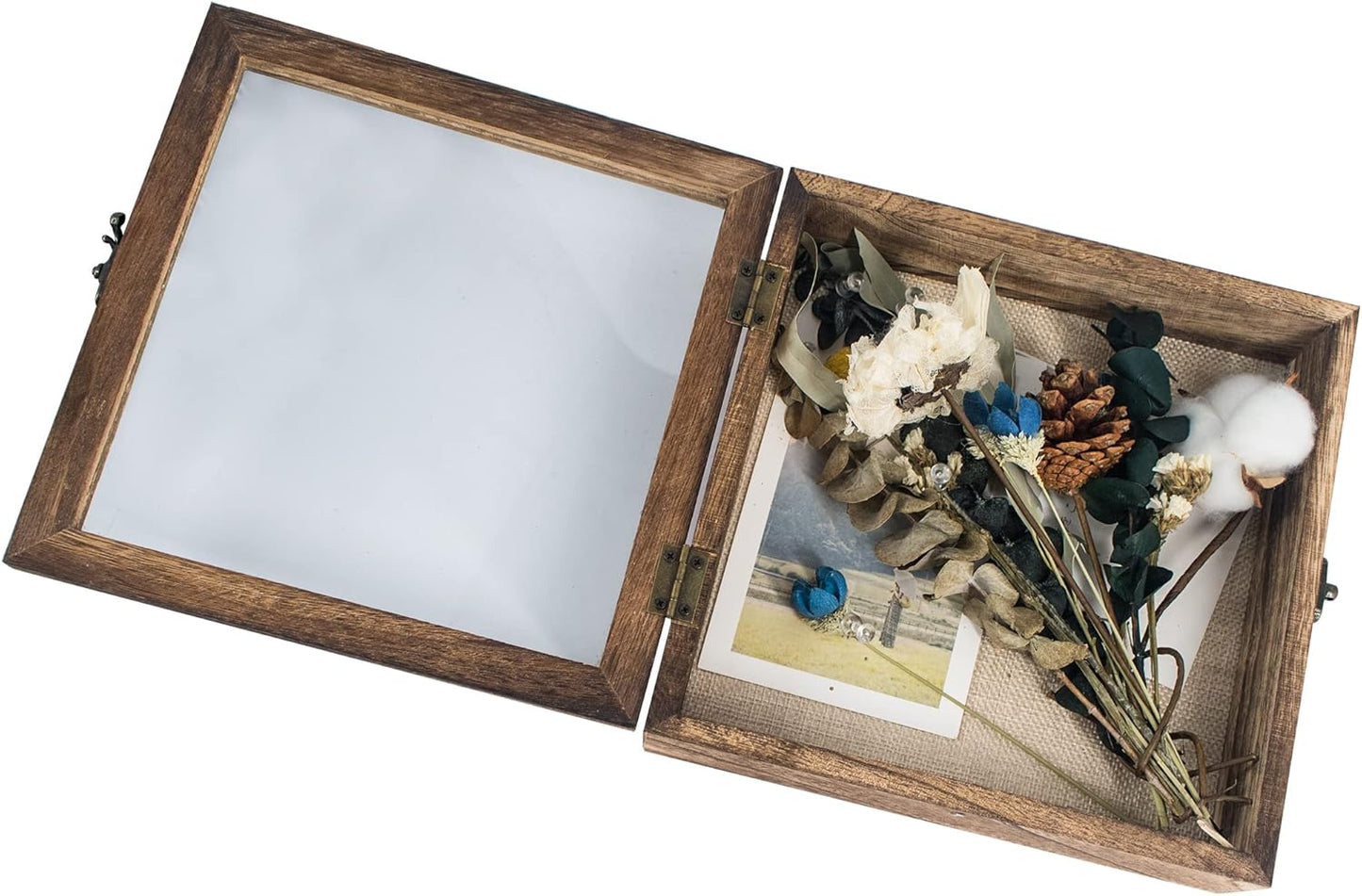 GraduatePro Shadow Box Frame 8x8 Display Case with Linen Back, Real Glass Window Door with Hinge, Picture Frame Wedding Bouquet Memorabilia Medals Photos Memory Box for Keepsakes, Carbonized Black