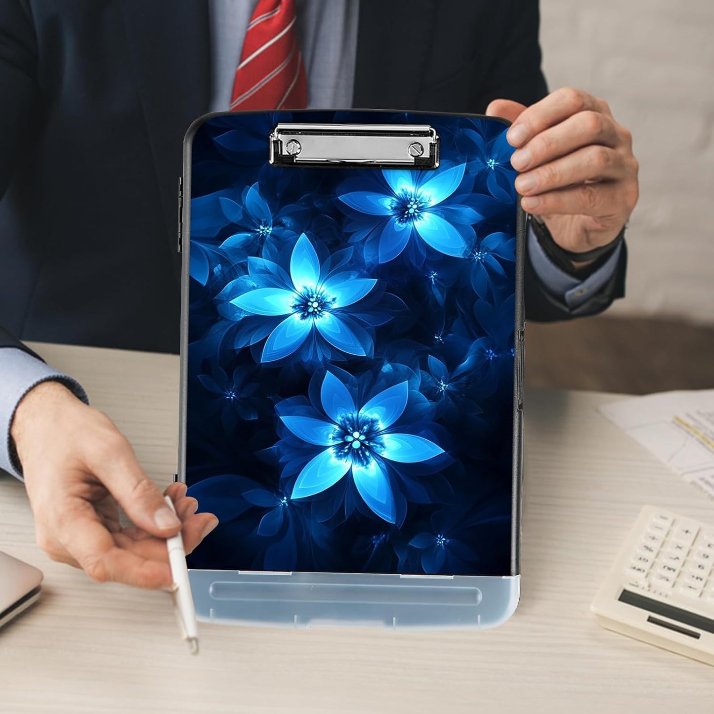 Clipboard with Storage - Large Capacity,Nursing Clipboard with Pen Holder,Heavy Duty,Plastic Side-Opening Folder for Teacher,Nurse - Blue Floral Flowers