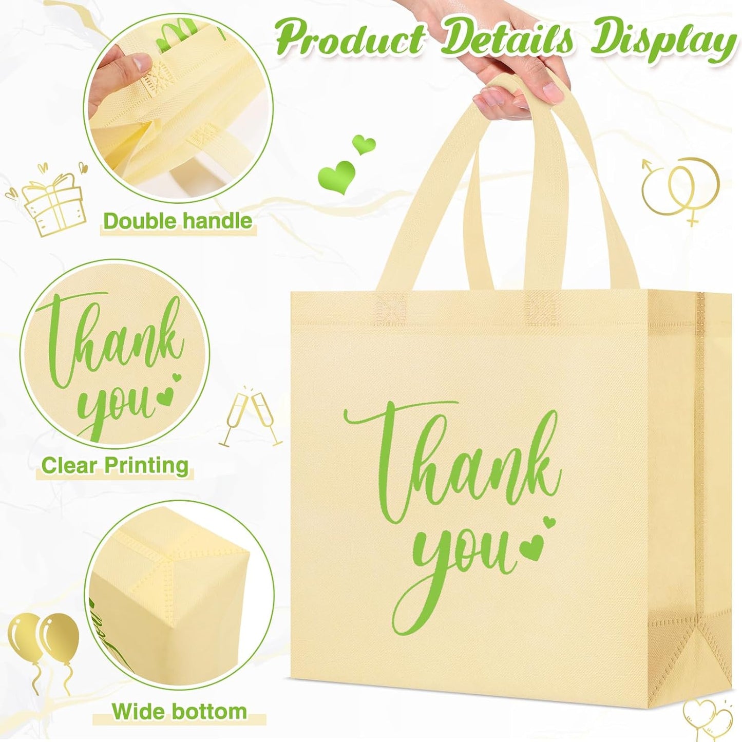 Sweetude 30 Pcs Thank You Gift Bags with Handles Bulk Reusable Goodie Bag Non Woven Foldable Handbag for Graduation Wedding Bridesmaid Gifts(11 x 12 x 5 Inch,Beige)