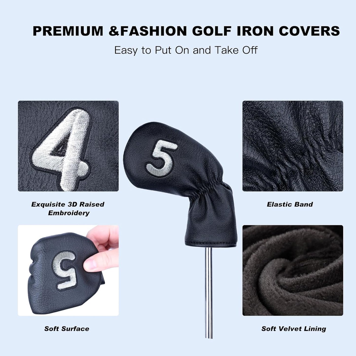 10 Pcs Iron Covers for Golf Clubs, Premium PU Leather Golf Iron Covers with Embroidered Big Numbers, Fits Most Iron Clubs and Hybrid Irons, Easy On and Off