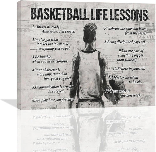Basketball Sports Wall Art Basketball Life Lessons Wall Decor Basketball Sign Retro Poster Boy Men Room Motivational Decorations Canvas Print Painting Artwork for Bedroom Bathroom Living Room 20"x16"