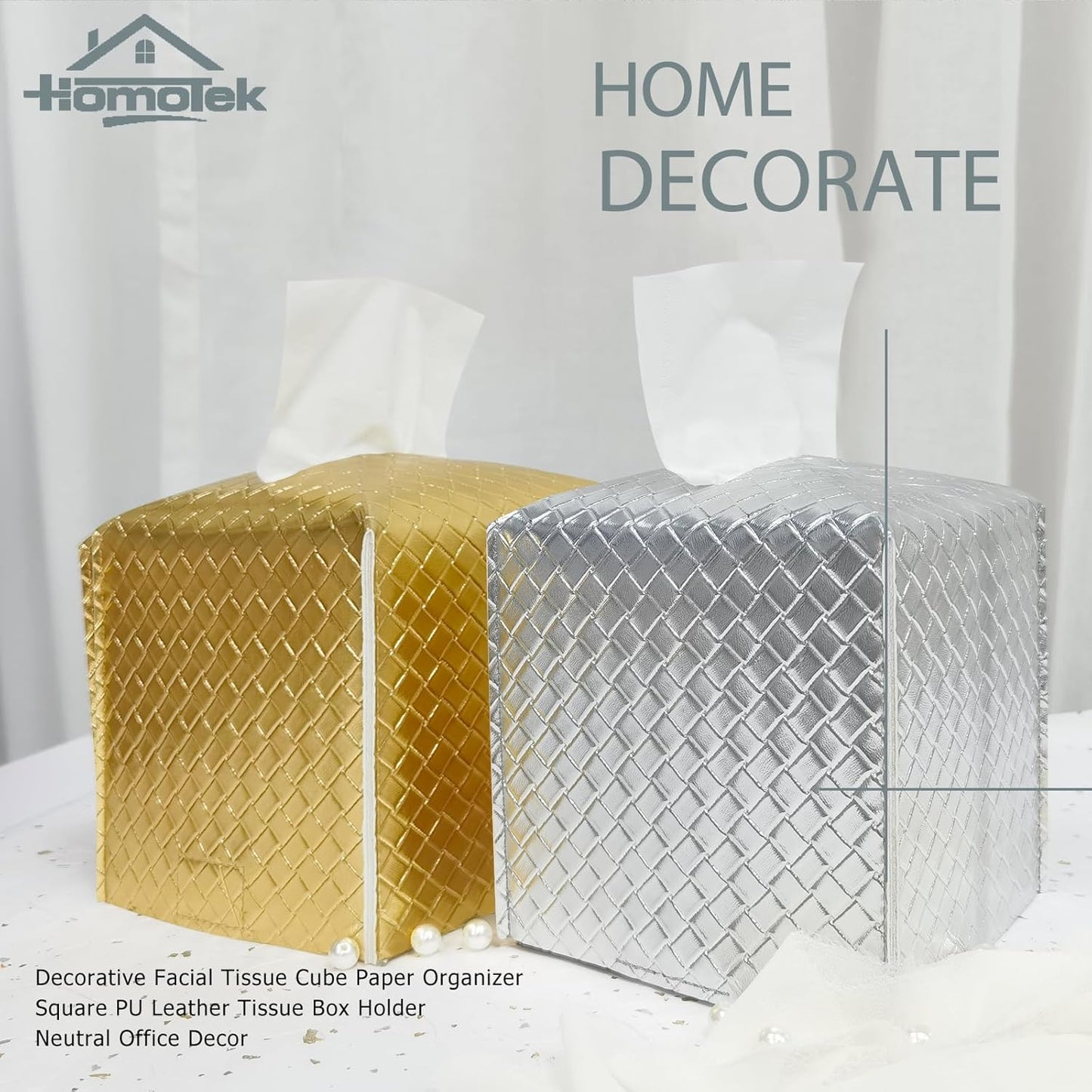HOMOTEK 2 Pack Tissue Box Cover, Square PU Leather Tissue Holder, Decorative Facial Tissue Cube Paper Organizer Dispenser for Bathroom, Night Stands, Desk, Car 5X5X5'' - Woven Waffle, Silver