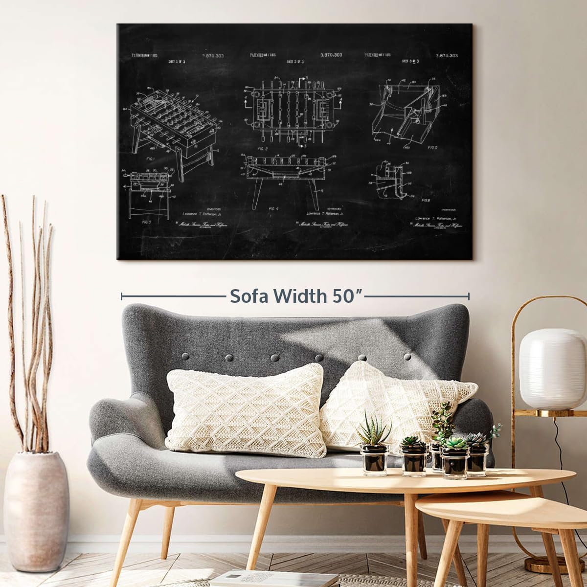 ElephantStock Soccer Table BW Patent Wall Art - Horizontal Wrapped Canvas - 1-Piece Living Room Wall Decor - Soccer Digital Art Canvas Print - Black and White Decor - 51" X 34"