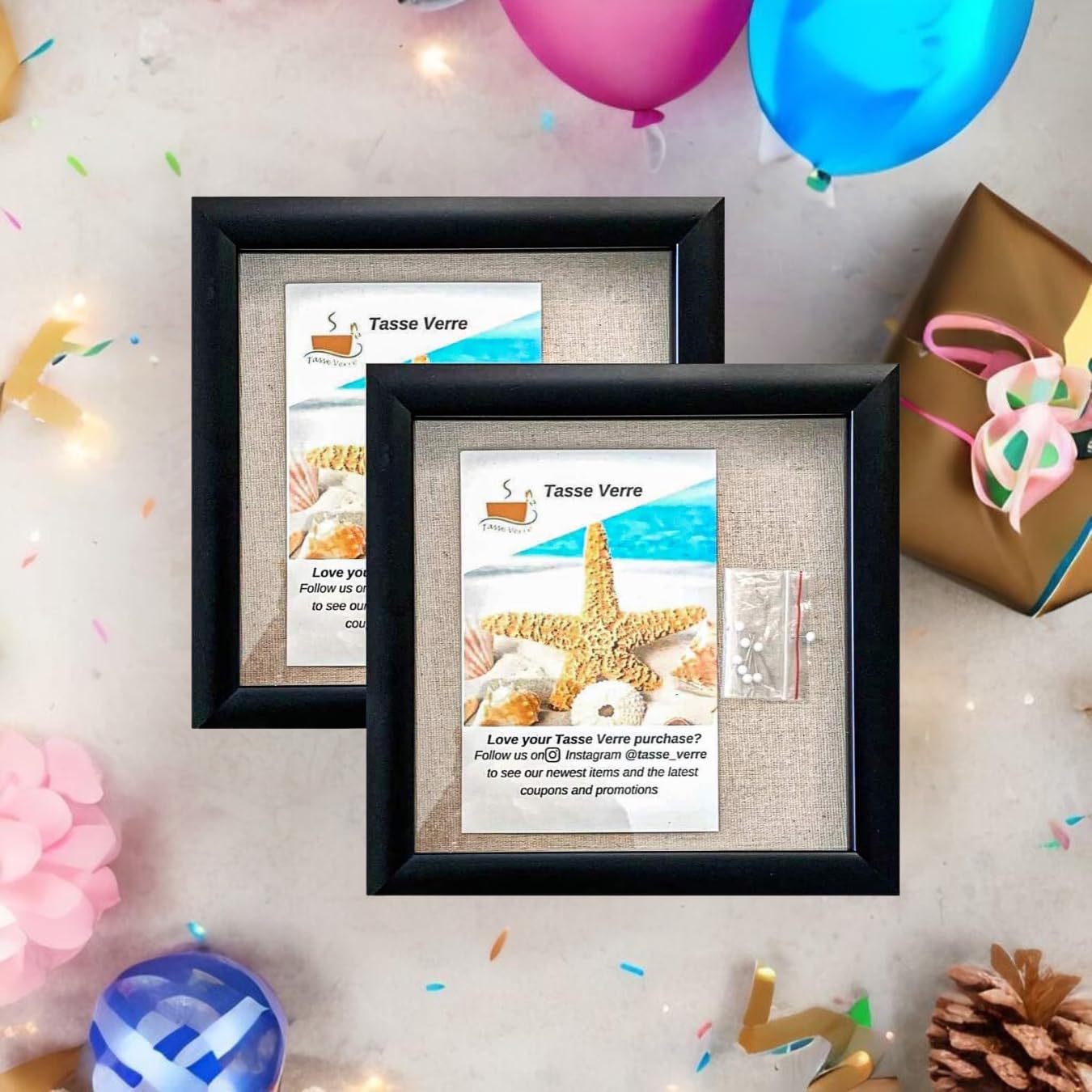 Tasse Verre 8x8 Black Display Shadow Box (2-Pack) Frame w/Linen Background and 16 Stick Pins - Ready to Hang Shadowbox Picture Frame - Box Display Baby Memorabilia Wedding