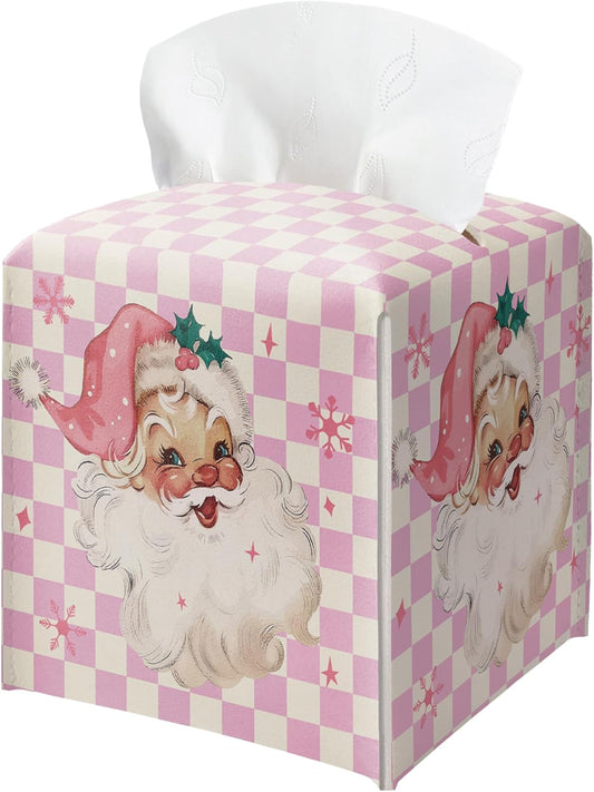 Merry Christmas Tissue Box Holder, Santa Claus Pink Checkered Leather Tissue Box Cover Square, Paper Facial Decorative Tissues Cover for Night Stands Bathroom Office Home Decor-B09