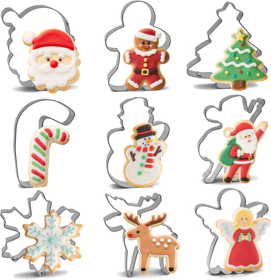 Christmas Cookie Cutters Set - 9 Pieces - Christmas Tree, Gingerbread Man, Snowflake, Snowman, Angel, Santa Face, Santa Claus, Candy Cane, Reindeer Shapes, Stainless Steel Metal Biscuit Cutter Molds