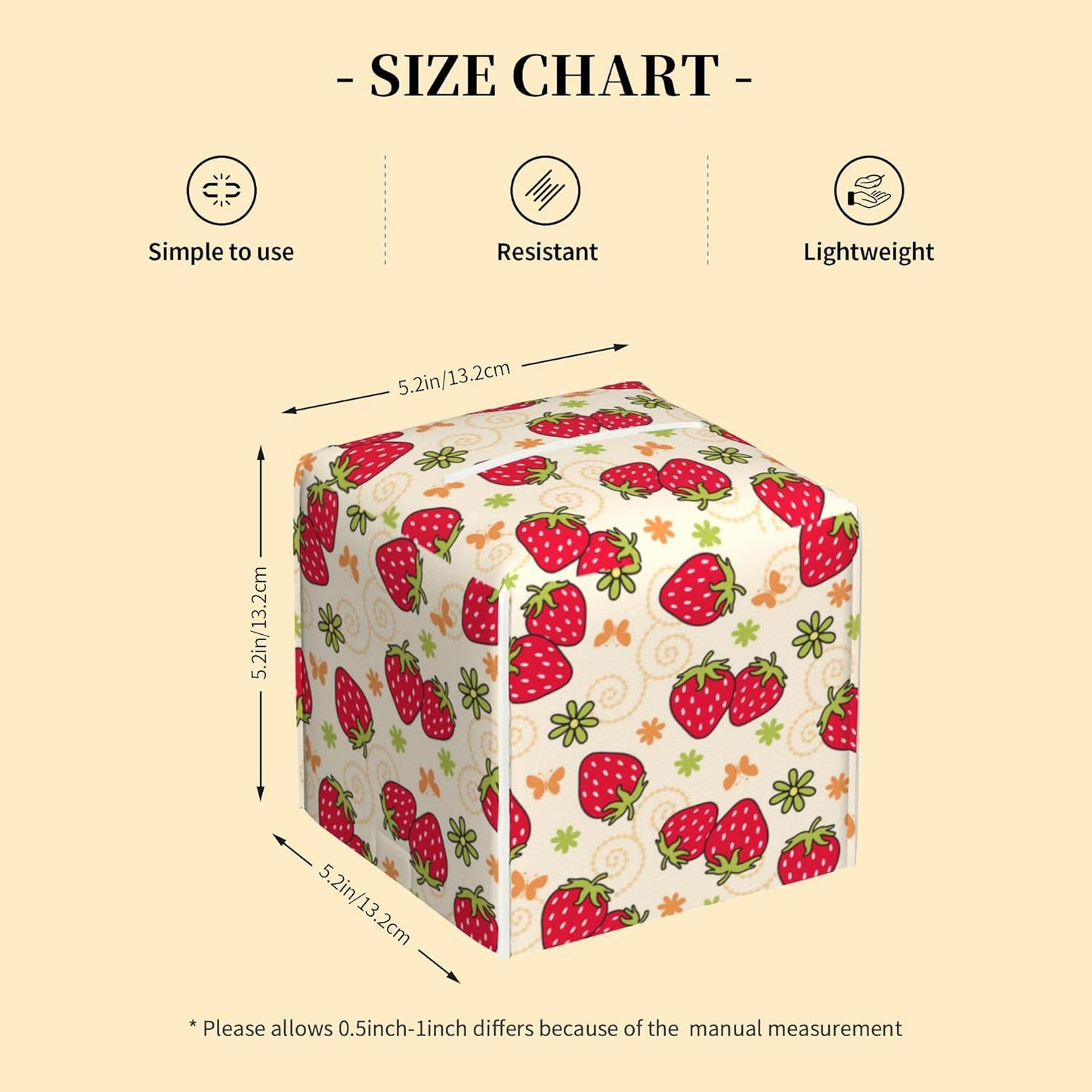 Tissue Box Cover Square,Strawberry and Floral Tissue Box Holder Waterproof Leather Facial Paper Case Modern Home Decoration for Bedroom Dresser Night Stand Office Desk