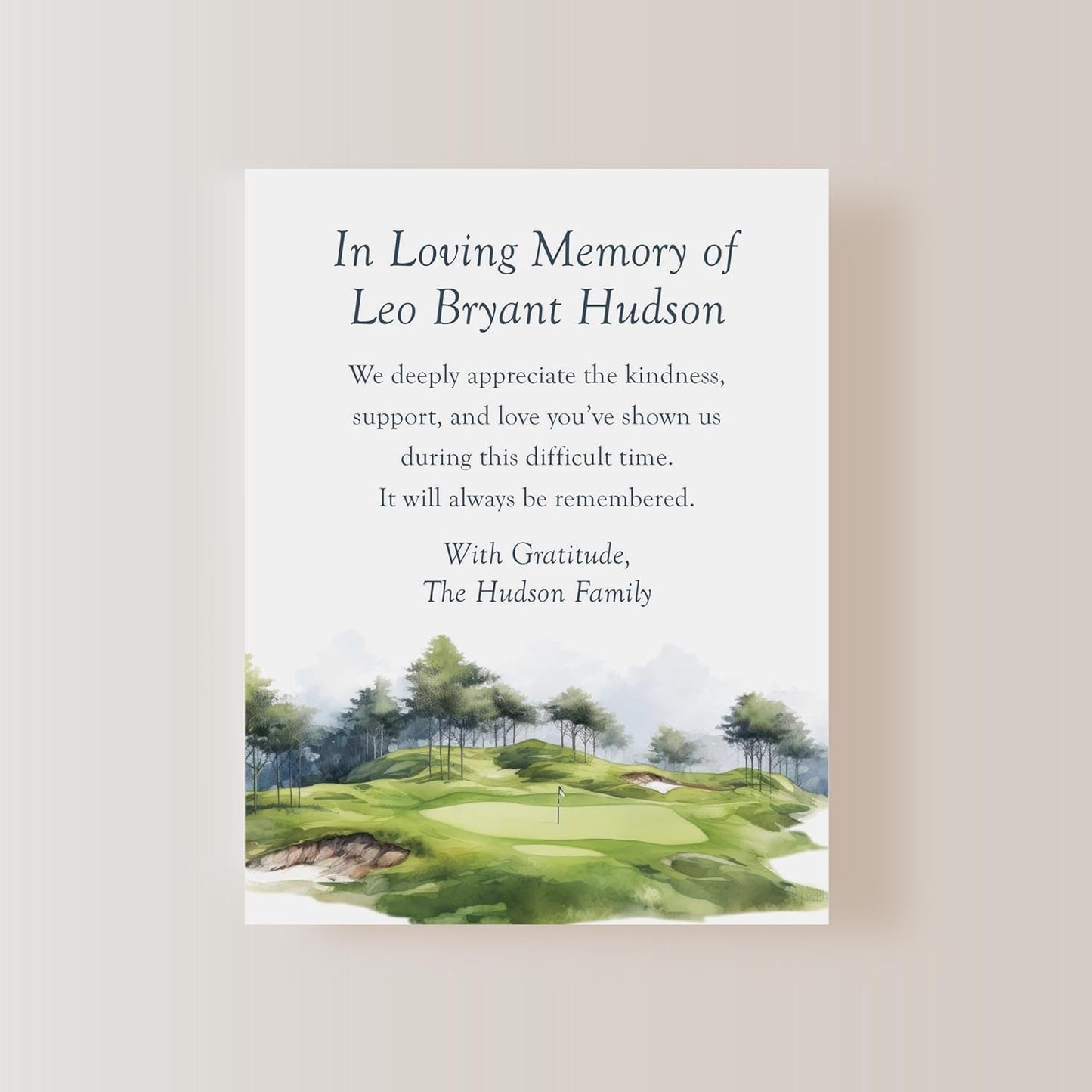 Golf Sympathy Thank You Notecards, In Loving Memory Watercolor Funeral Thank You, 4.25 x 5.5 (A2) Flat Memorial Cards, Custom Name Bereavement Acknowledgement with Envelopes