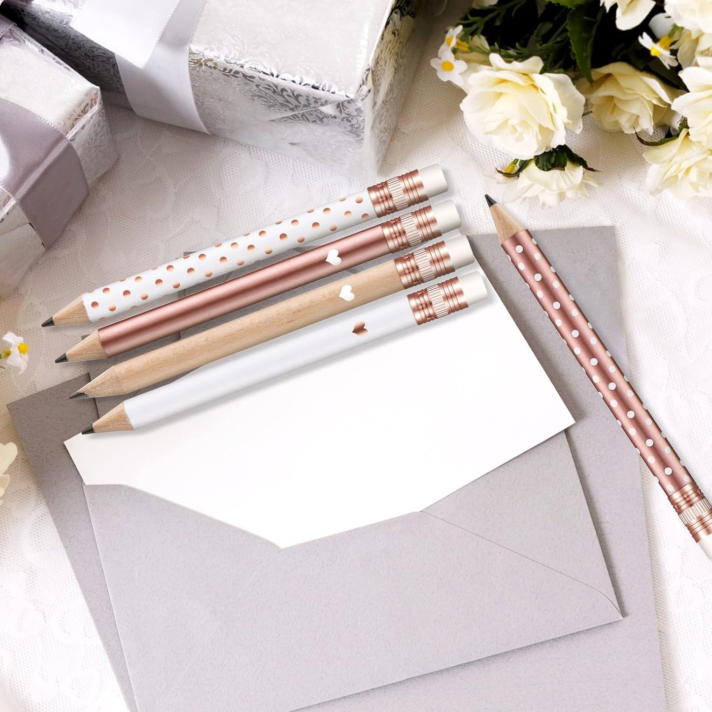 Crtiin 50 Pcs Mini Golf Pencils with Eraser Pre Sharpened 4 Inch Pocket Half Pencils for Bridal Shower Baby Shower Wedding Game School Office Supplies Party Favors Prize Gift(Mixed Color,Dot, Heart)