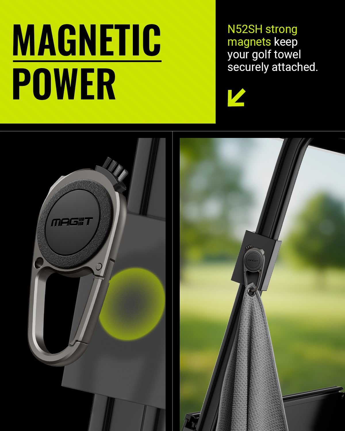 MAG-iT Magnetic Golf Towel with Carabiner | Strong Magnet, Ultra-Absorbent Microfiber, Groove Cleaner for Golf Bags - Grey