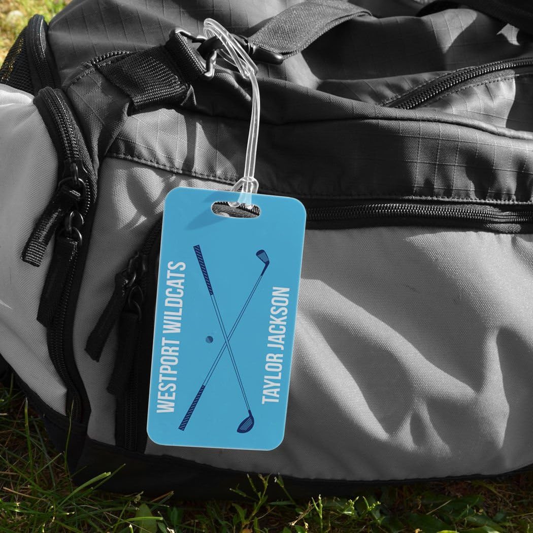 ChalkTalkSPORTS Golf Luggage & Bag Tag | Personalized Crossed Golf Clubs | Standard Lines on Back | Large | Carolina/Navy