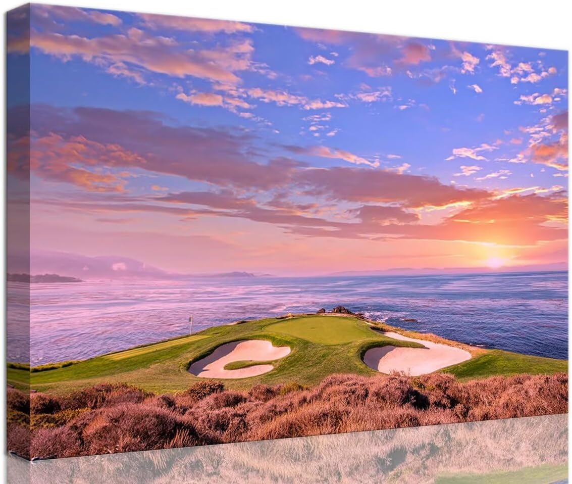Pebble Beach Golf Course Hole 7 Wall Art Prints - Monterey California USA Golf Course Canvas Wall Art for Living Room Bedroom Bathroom Home Decorations Gifts Framed Ready to Hang(18''H x 24''W)