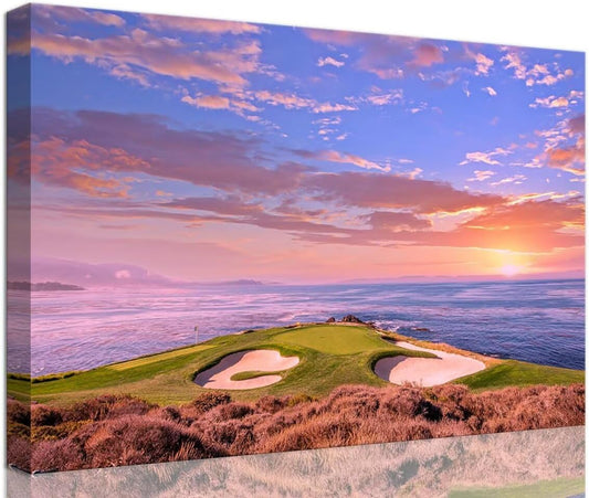Pebble Beach Golf Course Hole 7 Wall Art Prints - Monterey California USA Golf Course Canvas Wall Art for Living Room Bedroom Bathroom Home Decorations Gifts Framed Ready to Hang(18''H x 24''W)