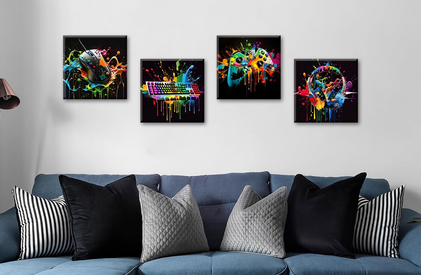 Gamer Room Decor for Boys - Game Wall Art Graffiti Gamepad Earphone Canvas Print Pictures Cool Video Gaming Poster Street Pop Men Cave Teen Bedroom Dorm Playroom Home Artwork Framed 12"X12"X4 Panels