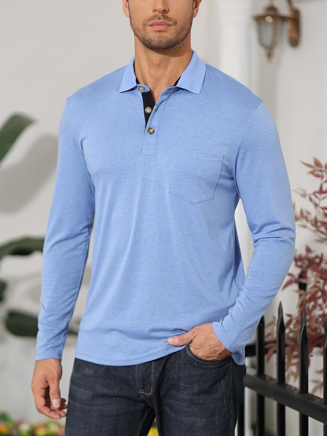 Mens Long Sleeve Polo Shirts Casual Moisture Wicking Golf Polo Shirts with Pocket