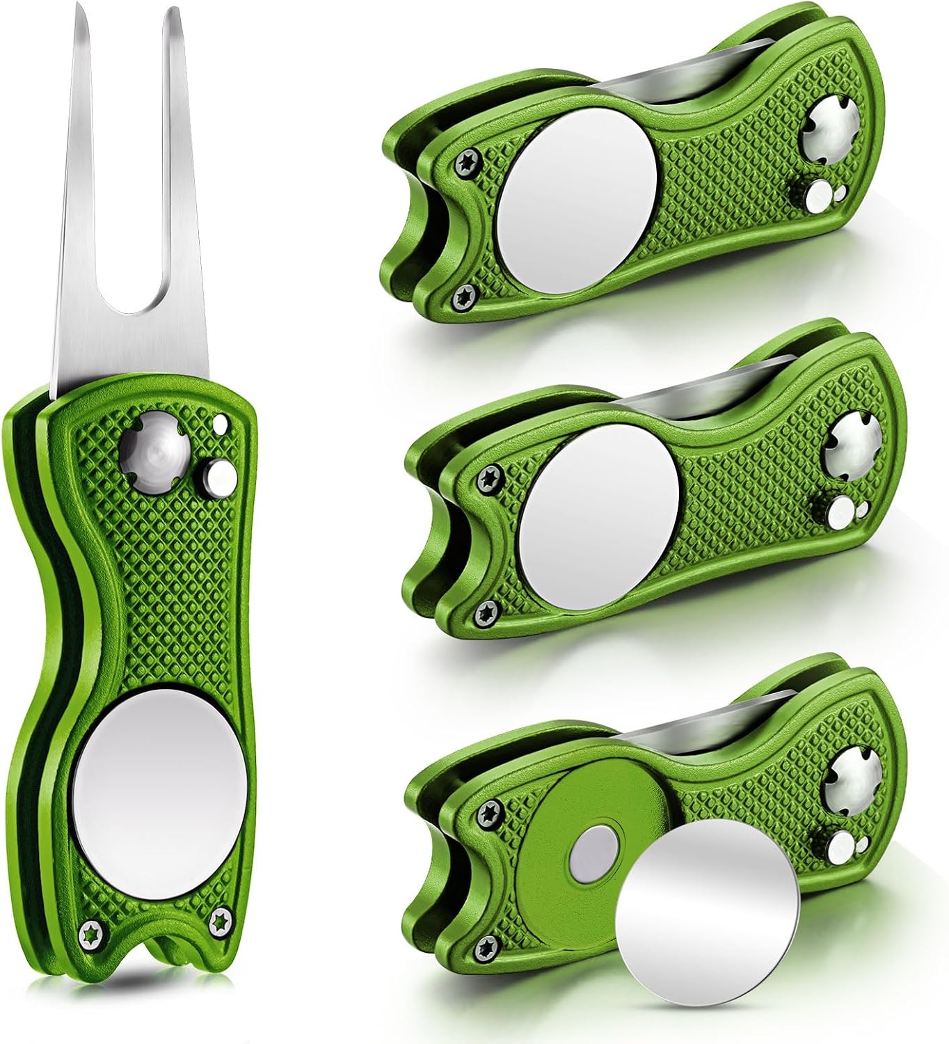 Skylety 4 Pcs Golf Divot Repair Tool Metal Foldable Golf Divot Tool with Magnetic Pop-up Button Ball Marker Stainless Steel Switchblade for Golfers Prizes