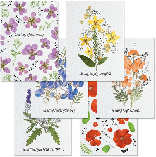 Current Pressed Flowers Thinking of You Friendship Greeting Card Set - Value Pack of 20 Cards With White Envelopes for Friends & Family, 10 Designs, Large 5" x 7" Assortment