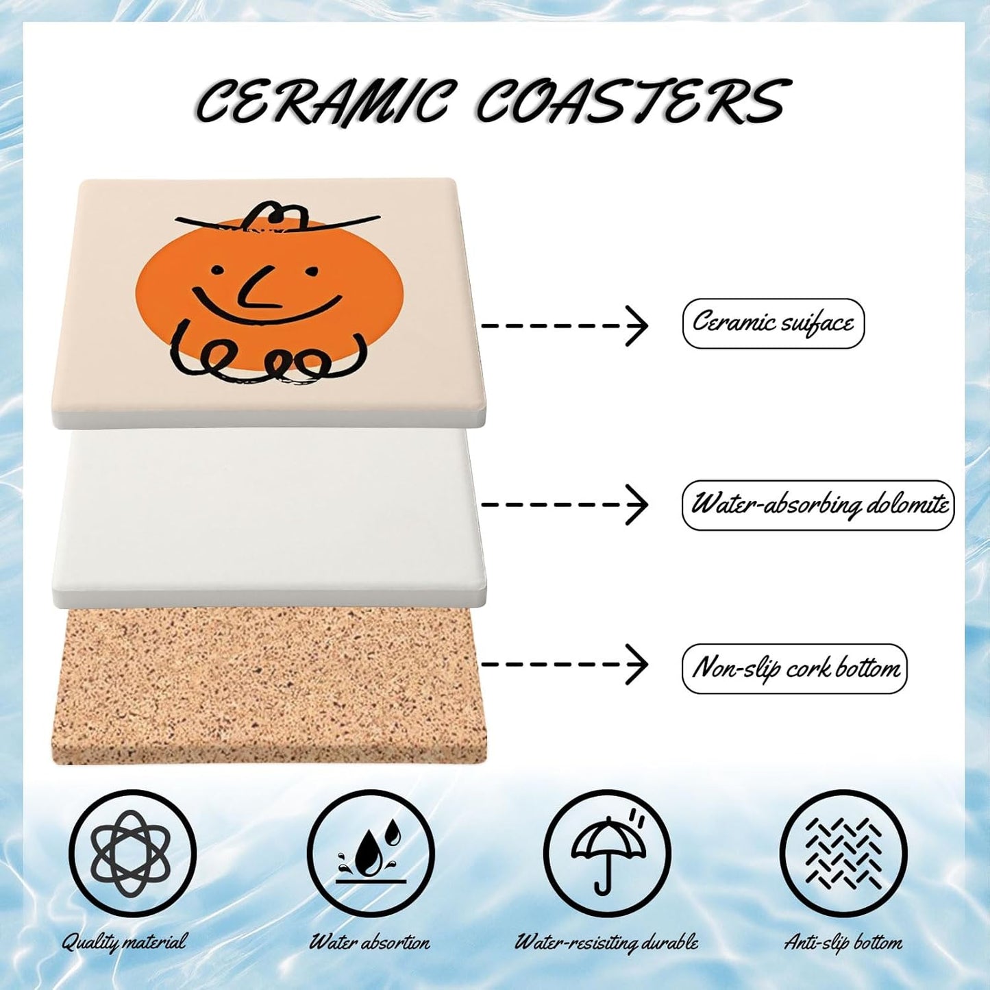 MAYCARI Cartoon Colorful Face Coasters Set of 6 Cork Backed Cute Coasters with Metal Holder Original Ceramic Surface Drink Cup Mats for Tabletop Protection Modern Desk Decoration Birthday Gifts