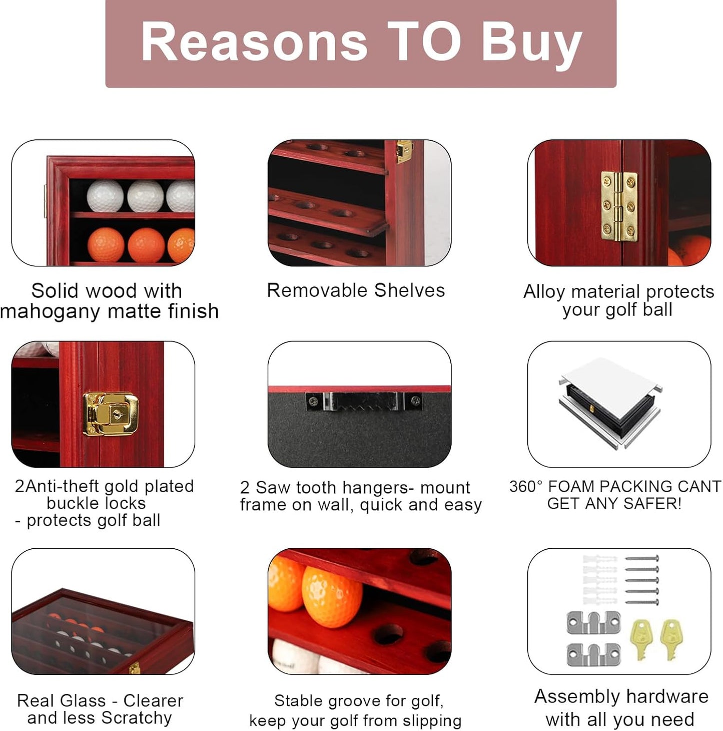 KCRasan Golf Ball Display Case - Wall Mounted Holder with Glass Door, Ideal Gift for Golf Enthusiasts