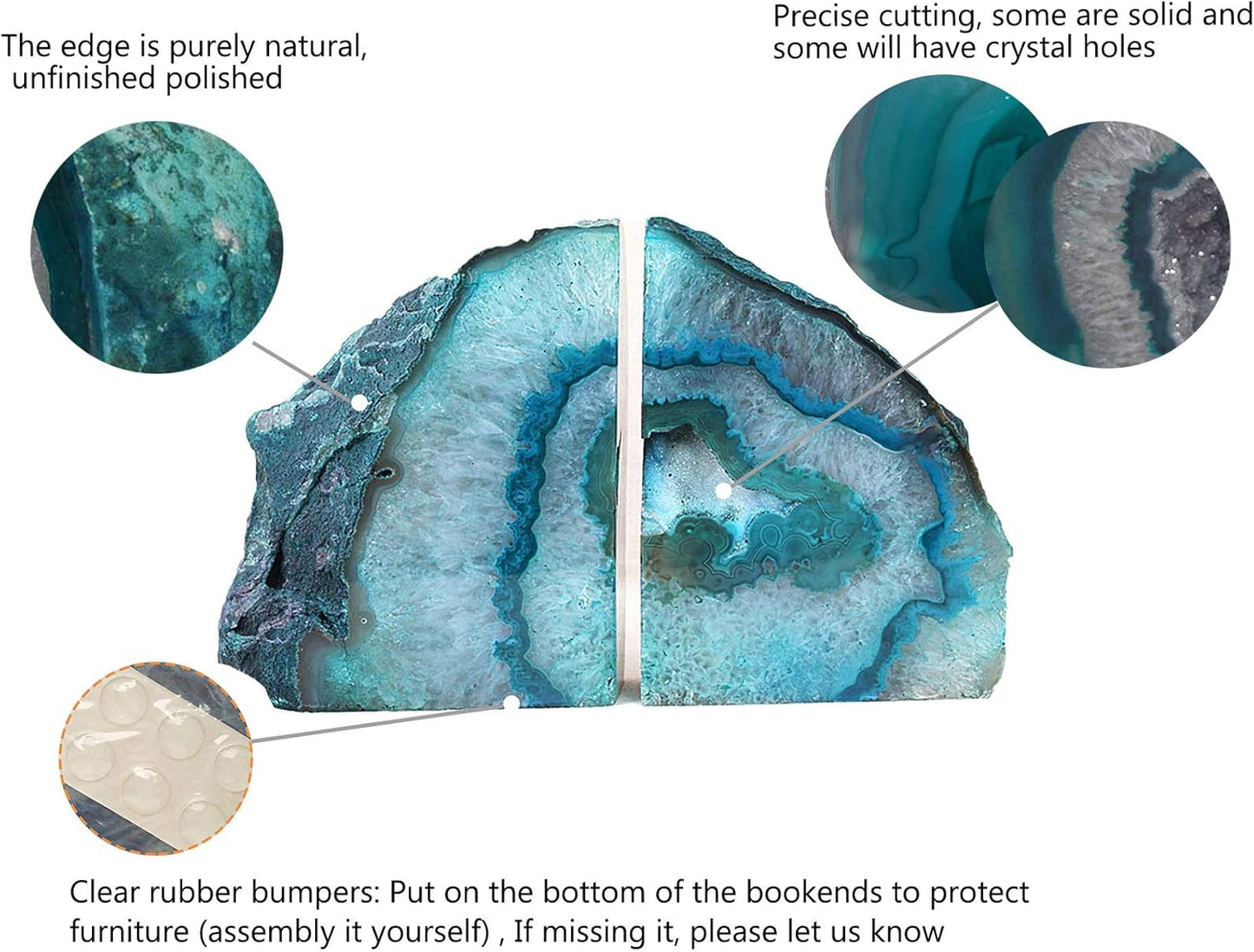 AMOYSTONE Teal Agate Bookends, Decorative Brazilian Crystal Quartz Book Stopper, 3-4 LBS with Non-Slip Mat, Perfect for Kitchen Cookbooks and Bookshelf Ends