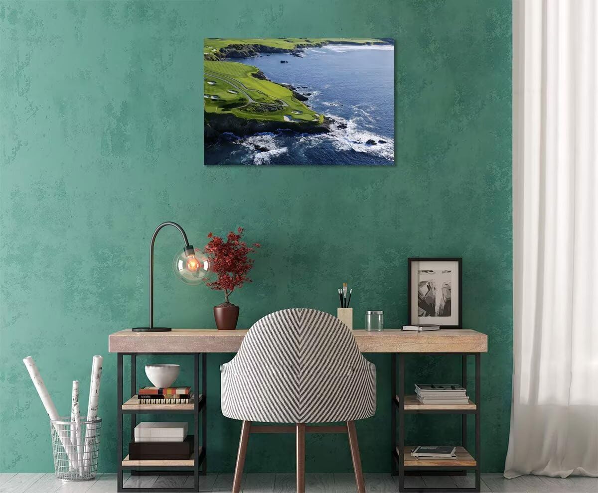 Pebble Beach Golf Course Canvas Wall Art for Living Room Bedroom Bathrooom Home Decorations California Coastal Golf Course Picture Poster Framed Artwork Ready to Hang(18''H x 24''W)