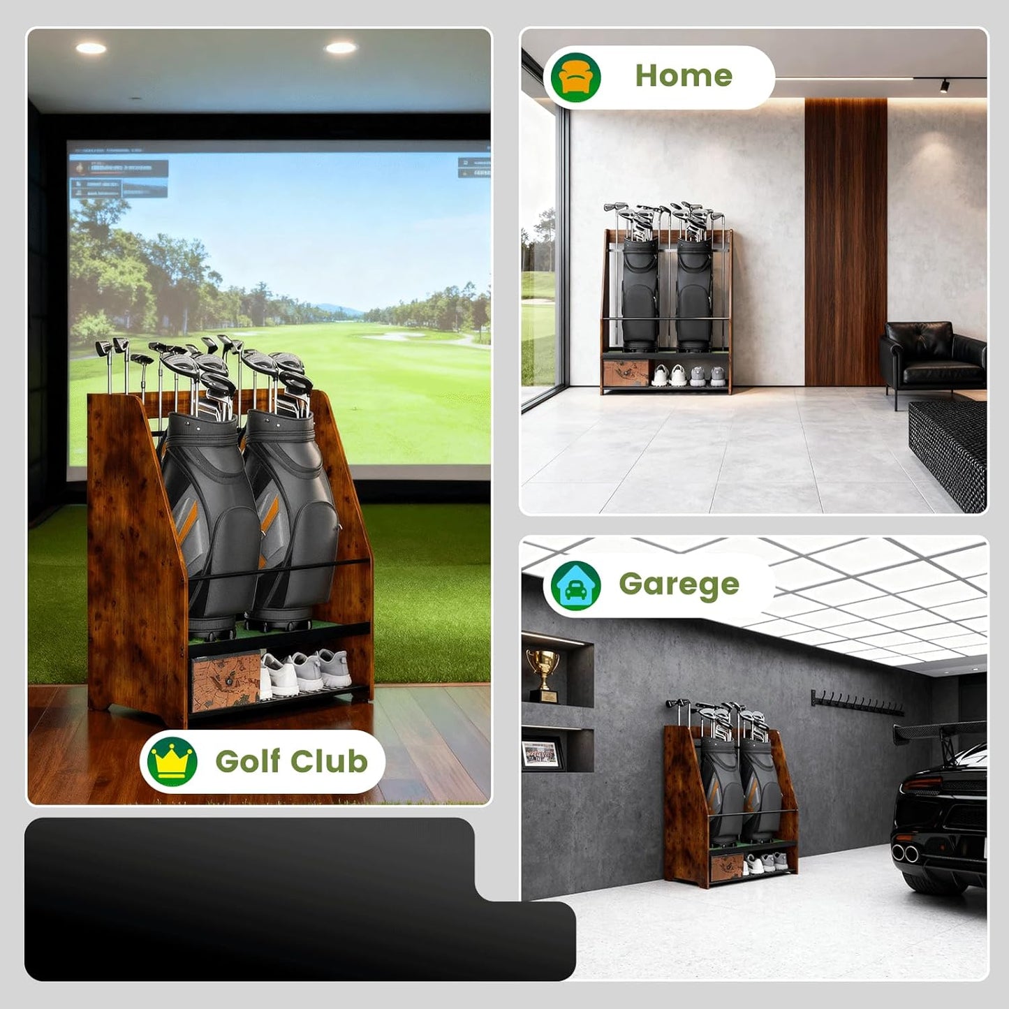 Golf Bag Organizer Rack – Large Wooden Golf Storage for 2 Bags, Clubs & Accessories with Dustproof Drawer, Sports Equipment Rack for Garage, Practice Room, Home or Office (Black)