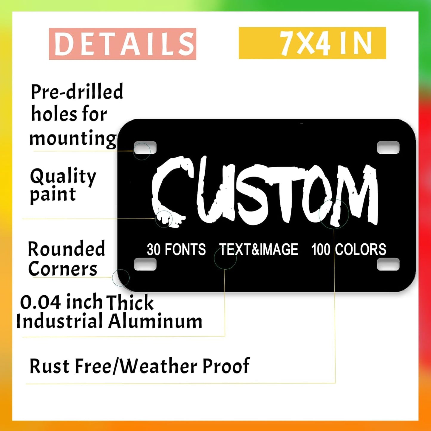 Custom License Plate,7x4 Inches Front License Plate,Thick Rust-Free,Personalized License Plate for Power Wheels|Wagons|ATV |Golf Cart Accessories|Motorcycle