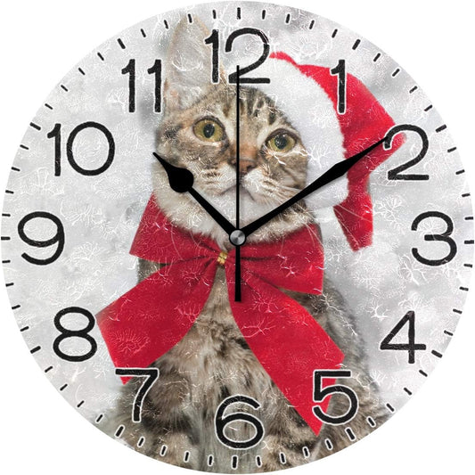 Merry Christmas Cat Red Santa's Hat Wall Clock Battery Operated Non Ticking Silent Quartz Analog Rustic Farmhouse Round Clock Retro Decor for Home Kitchen Living Room Bath