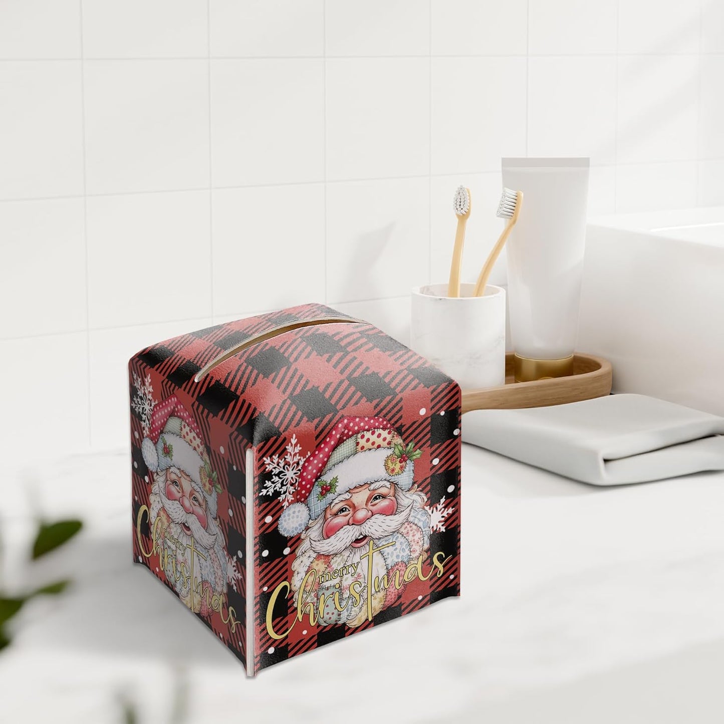 Merry Christmas Tissue Box Holder, Santa Claus Red Checkered Leather Tissue Box Cover Square, Paper Facial Decorative Tissues Cover for Night Stands Bathroom Office Home Decor-B16