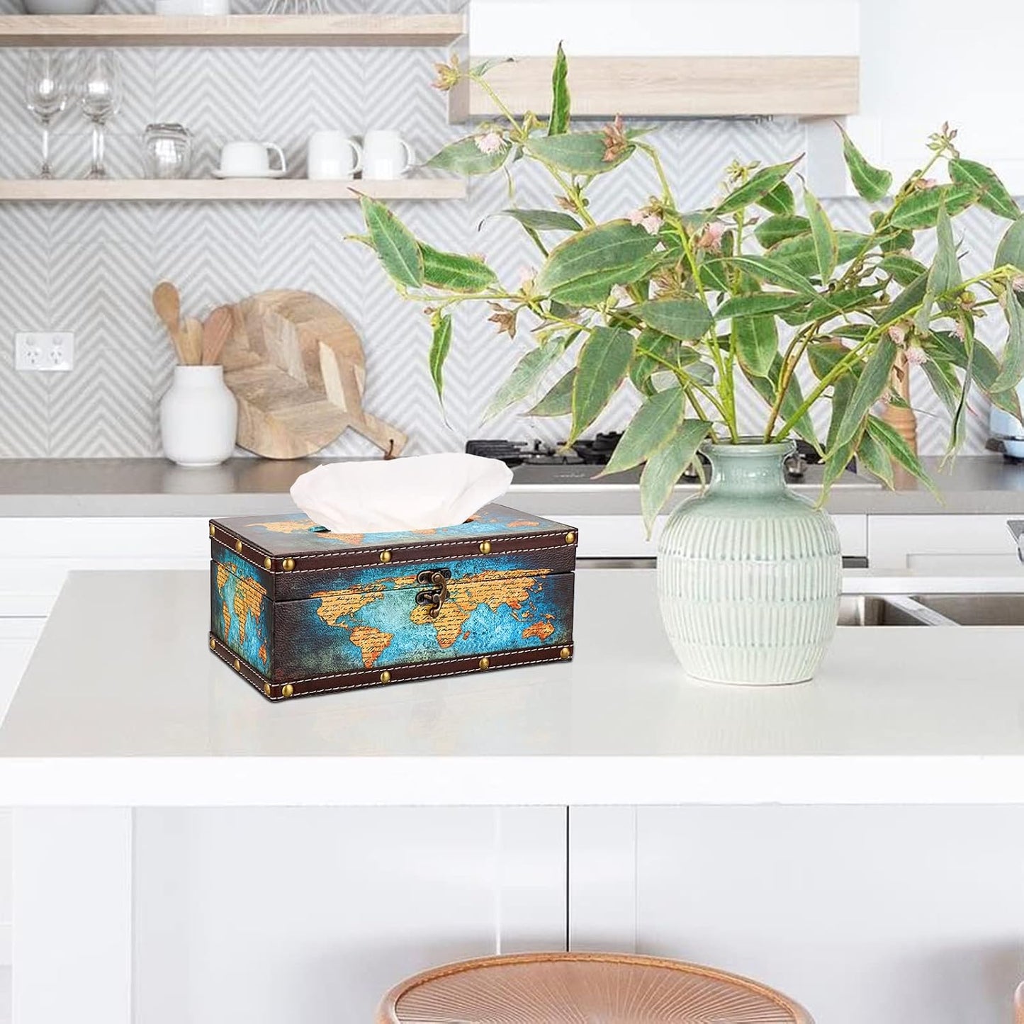 Sumnacon Tissue Box Cover Rectangle Wooden Tissue Box with Lid, Vintage Tissue Box Holder with Retro Pattern, Rustic Tissue Cover for Bathroom Toilet Living Room Table Desk Office Decor,Green Map