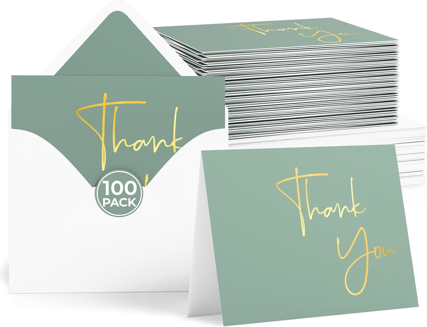VNS Creations Gold Foil Thank You Cards With Envelopes Bulk Set & Stickers - 100 Pack 4x6 Blank Thank You Notes - Large Note Card Small Business, Wedding, Baby Shower & Bridal Shower - Granite Green