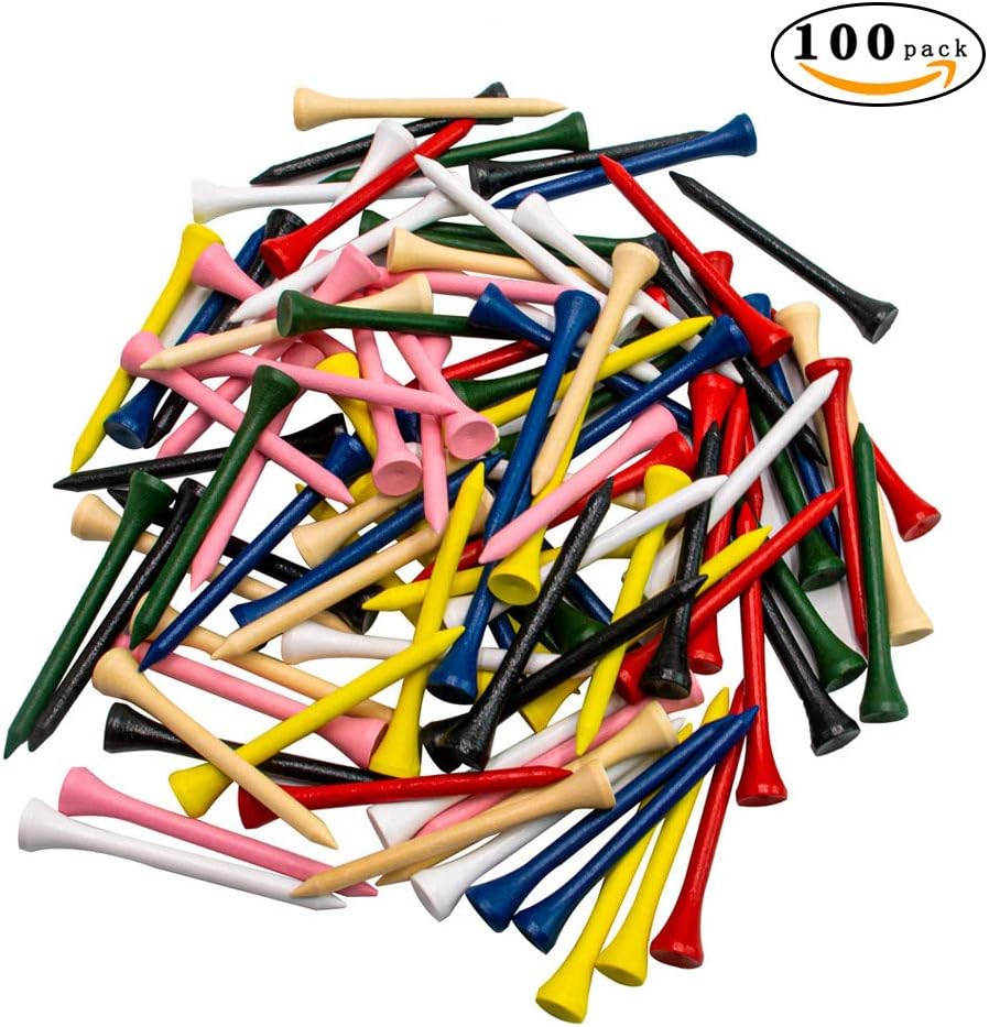 THIODOON Golf Tees Professional Natural Wood Golf Tees Pack of 100, Golfing Tees Multiple Colors Size 3-1/4 inch, 2-3/4 inch or 2-1/8 inch, Tall Golf Tees Bulk Reduce Side Spin and Friction