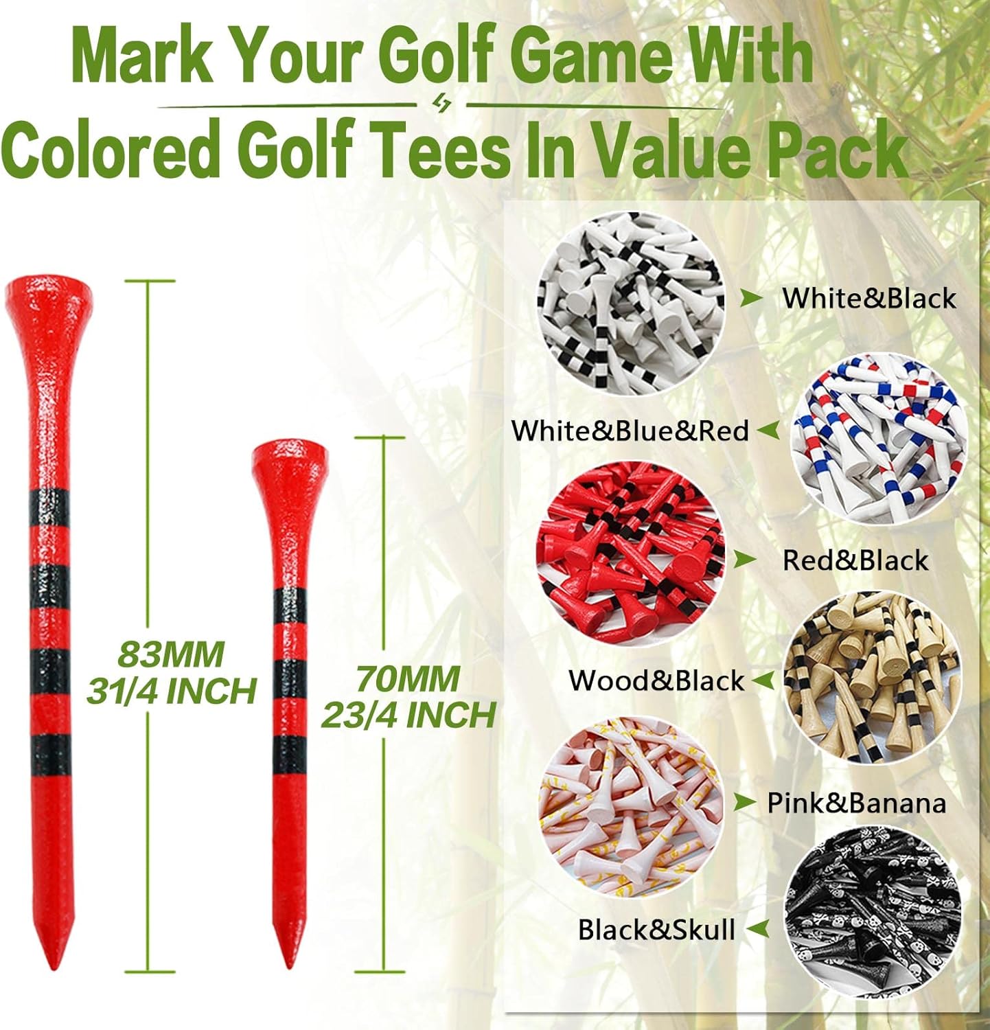 FINGER TEN Golf Tees Wood 3 1/4 2 3/4 Inch Wooden Bamboo 50/120 Count, Durable Biodegradable Colored Bulk Tee 70mm 83mm
