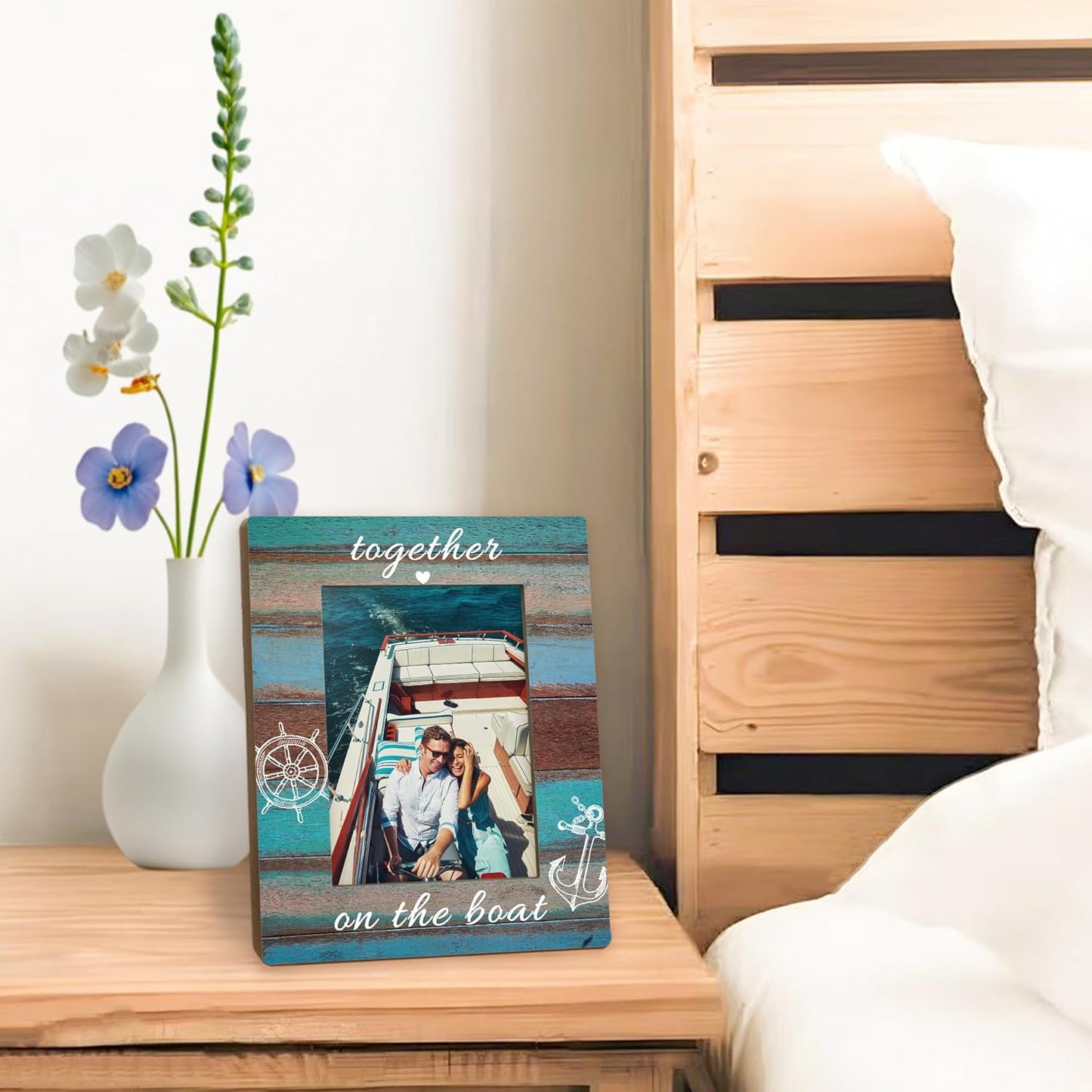 Boat Gifts Picture Frame 5x7, Couples Boating Photo Frame, Boating Gifts for BoatOwner Couples Friends, Together on the Boat Nautical Wooden Picture Photo Frames for Desk Home Room Decor