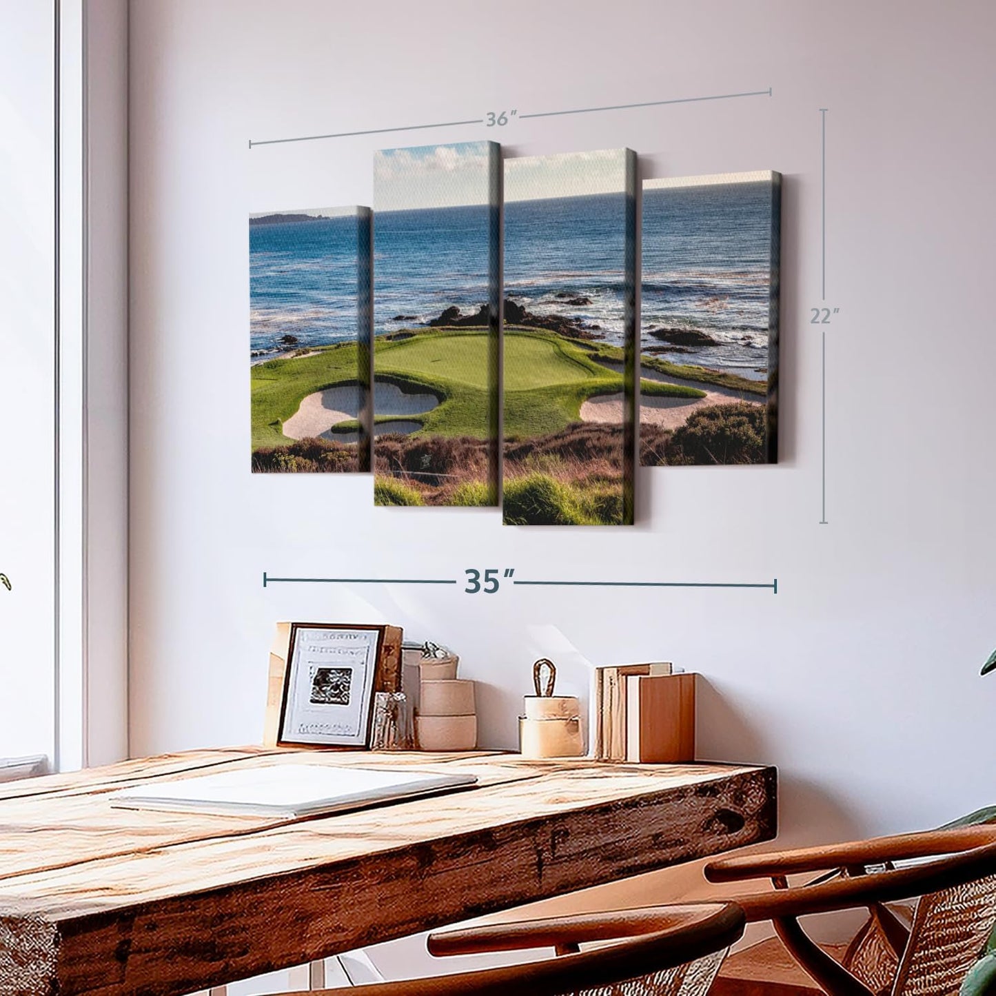 Elephant Stock California Coastline Golf Course Wall Art - Horizontal Canvas - 4-Piece Living Room Wall Decor - Photography Sports Canvas Print - Brown and Beige Decor for Wall - 36" X 22"