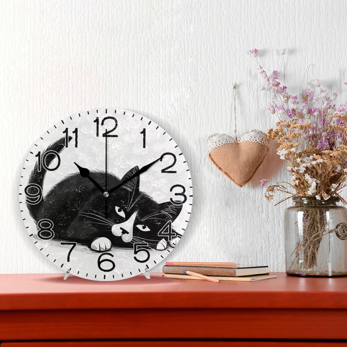 A Black Cat Wall Clock Battery Operated Non Ticking Silent Quartz Analog Rustic Farmhouse Round Clock Retro Decor for Home Kitchen Living Room Bathroom