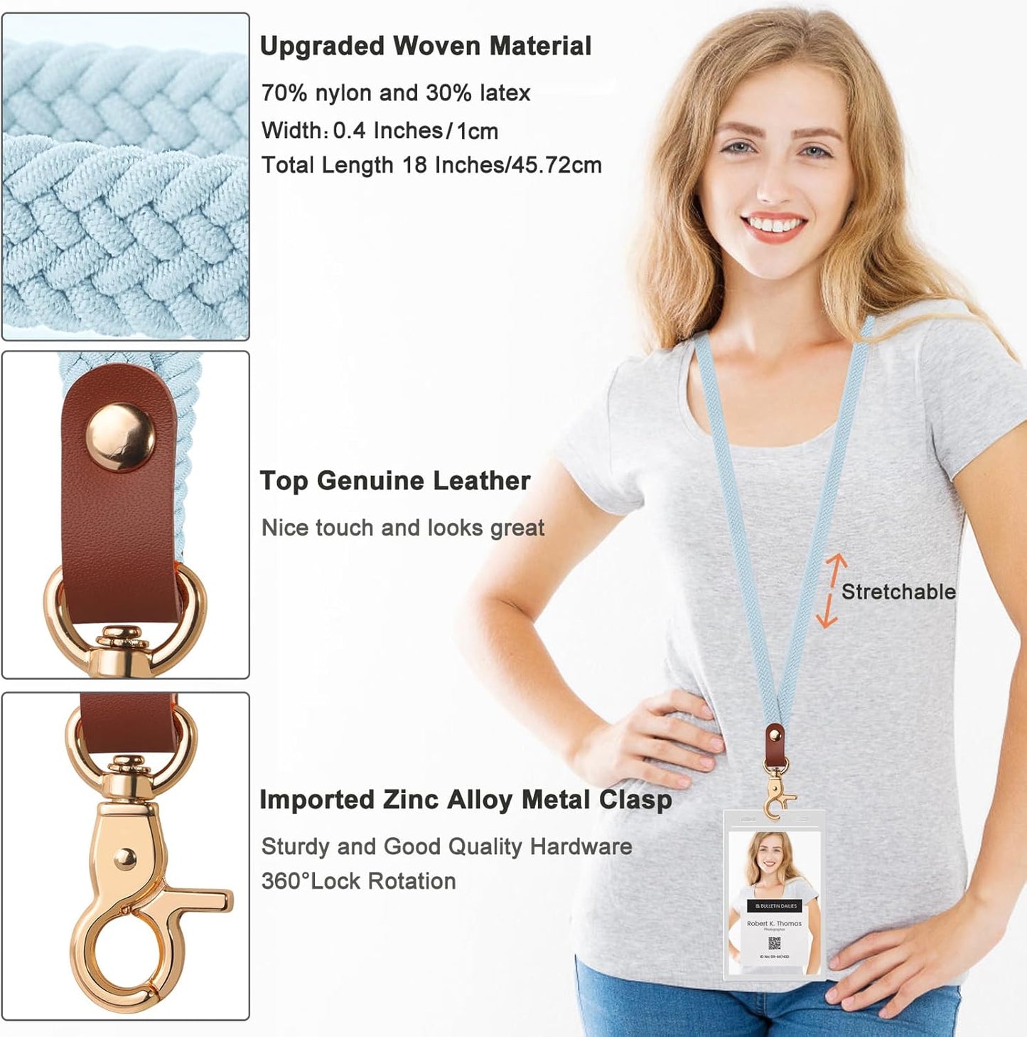 Fishent Stretchy Thin Lanyards for Keys ID Badges, Cute Long Teacher Neck Key Lanyard Keychains for Women Men Wallet Phone(Sky Blue)