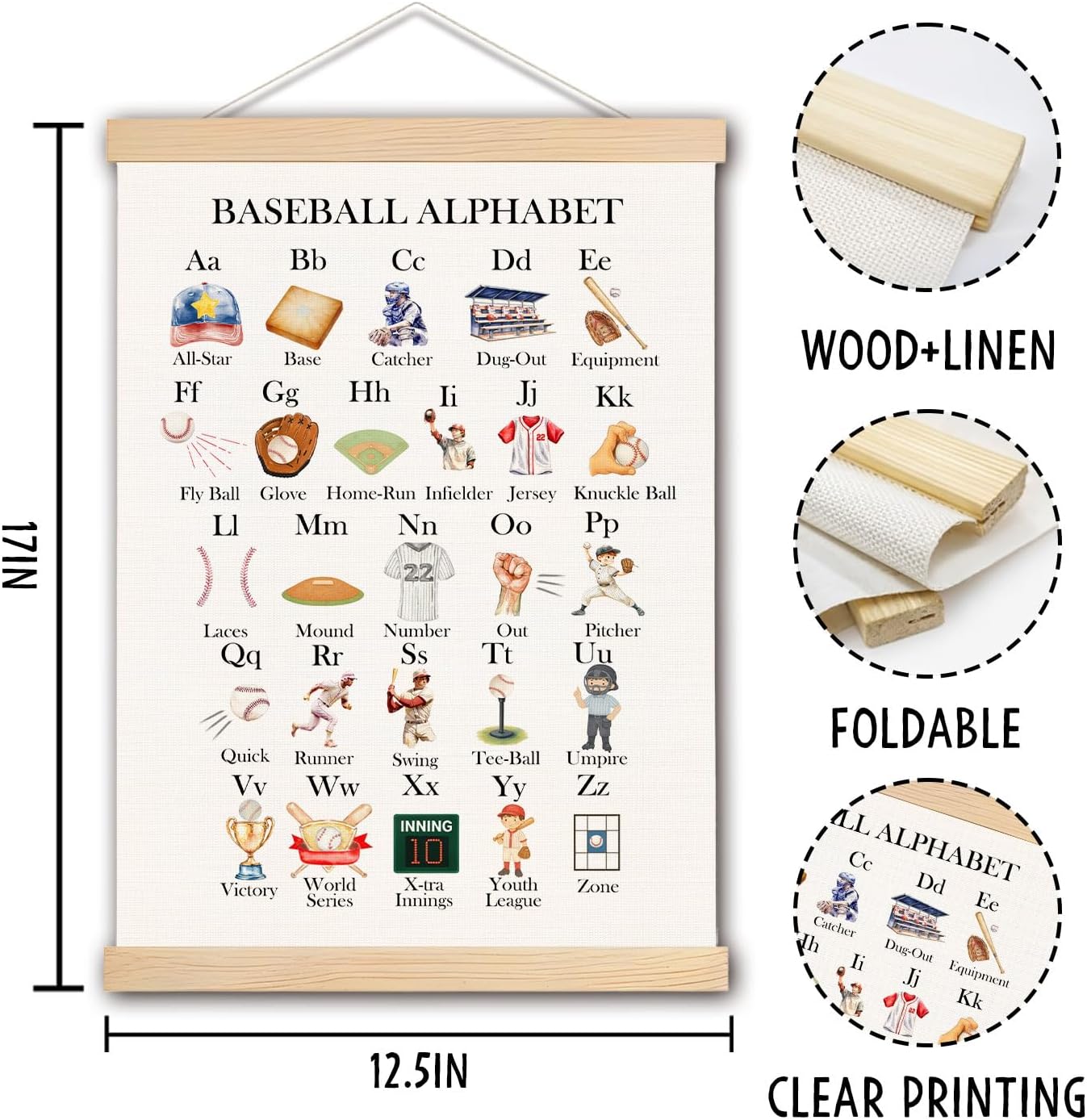 pouep Baseball Alphabet Nursery Wall Art Poster, Baseball Room Decor for Boys, Sports ABC Alphabet Educational Canvas Prints Wall Decor for Kids Boys Bedroom Dorm Nursery, 12x16 Inches