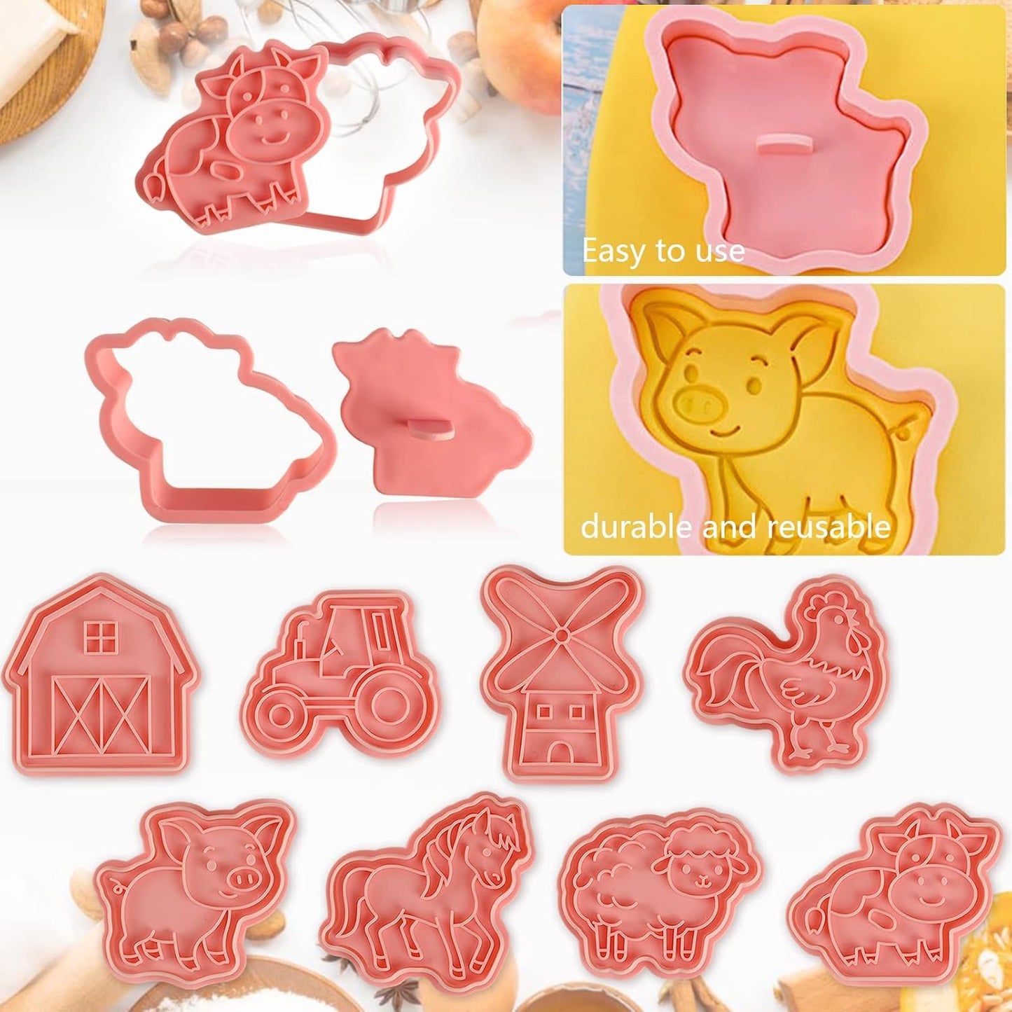 Farm Cookie Cutters Set, 8 Pcs Cookie Cutter with Plunger Stamps, Cute Cookie Cutters for DIY Biscuit Snacks Cheese Baking