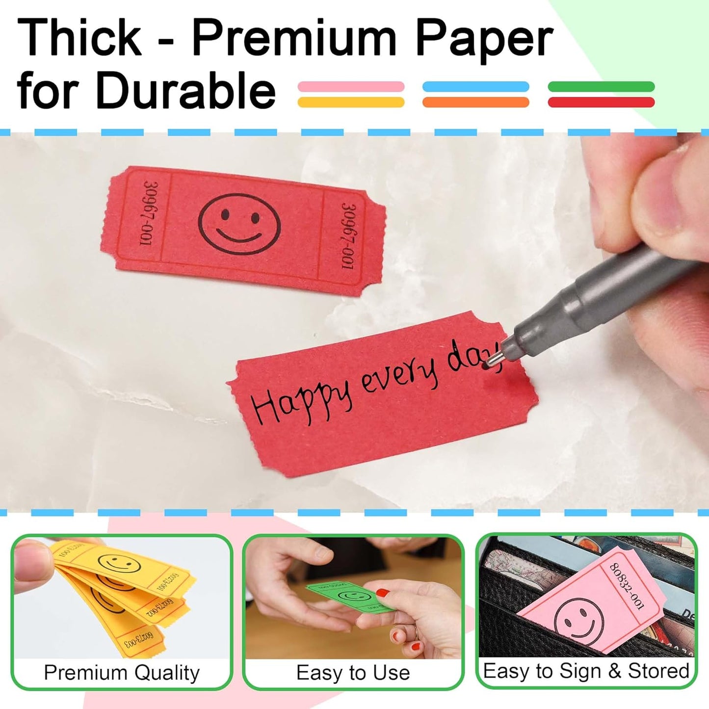 L LIKED 3000 Pack Raffle Tickets, 6 Assorted Colors, Easy-Tear .Numbered Smile Single Rolls Raffle Tickets for Events, Entry, Class Reward, Parties, Prizes