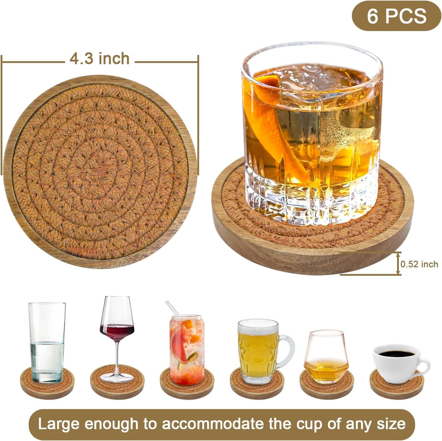 6 Pack Coasters for Drinks Absorbent, 4.3 inches Cork Coasters for Coffee Tables, Wooden Drink Coasters for Table Protection, Cute Coasters for Kitchen, Farmhouse, Bar, and Office (Dark Brown)