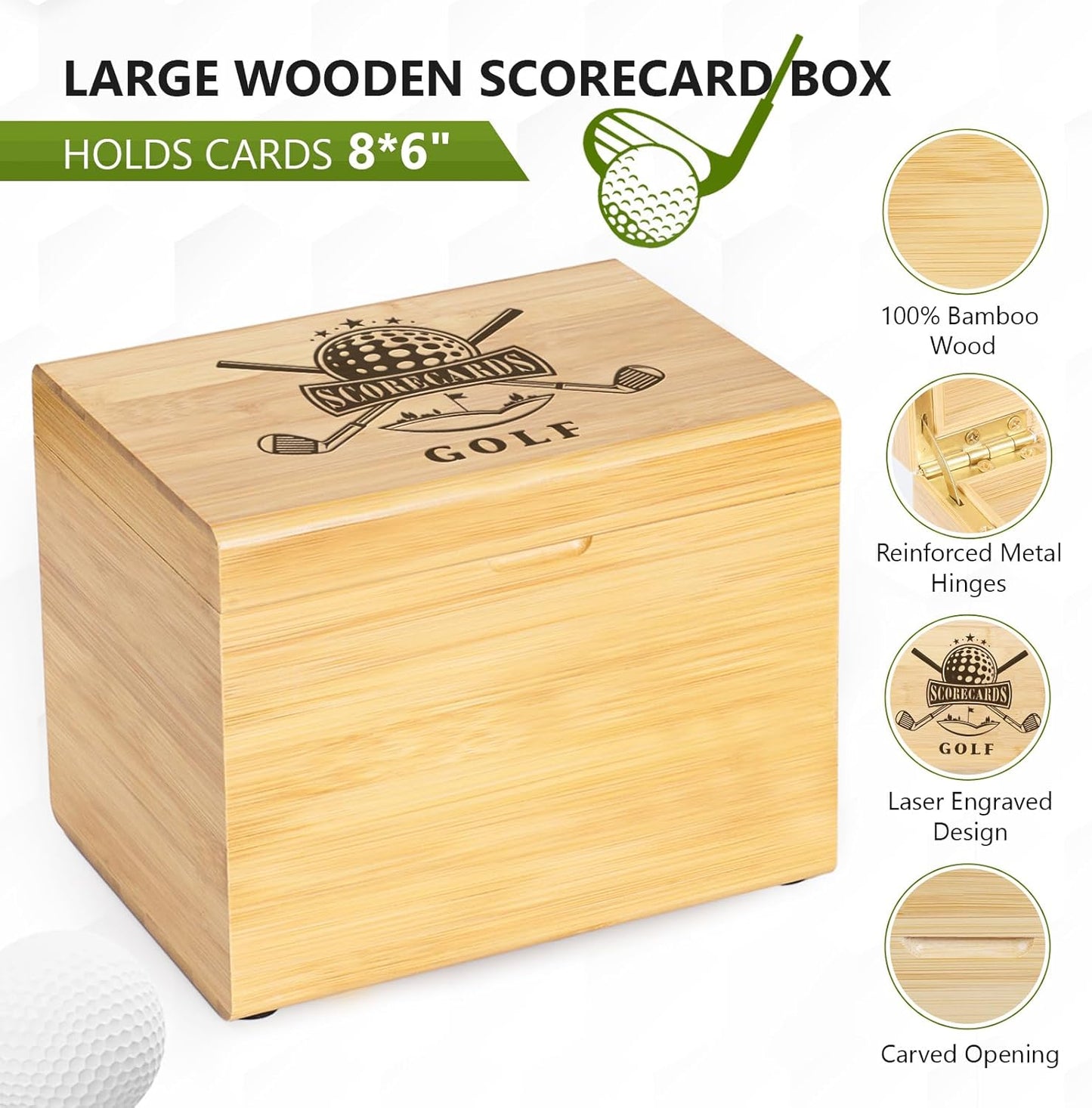 Golf Storage Box Golf Gifts - Golf Scorecard Collection Box with 5 Wooden Dividers - Golf Organizer for Scorecards, Photos, Keepsakes; Fathers Day Dad Gifts for Men from Wife (Yellow)