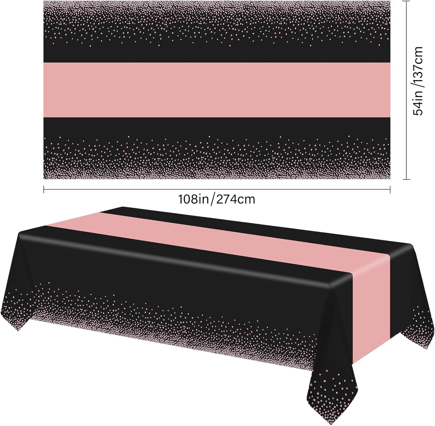 6 Pack Rectangle Plastic Dot Tablecloth Set, 54 X 108 Inch Plastic Table Cover, 12 x 108 Inch Satin Table Runners for Wedding Graduation Birthday New Year Party Decorations (Black, Rose Gold)