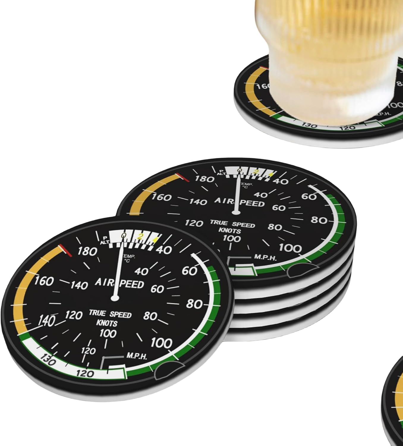 Airplane Aircraft Speedometer Pilot Flight Coasters for Drinks Set of 4, Absorbent Ceramic Drink Coasters for Coffee Table Wooden Table Cup Bar, 4 Inches