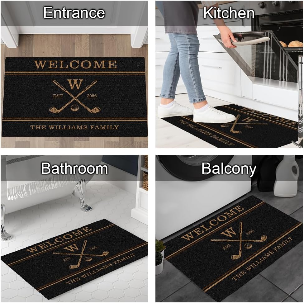 Personalized Golf Doormat – Personalized Welcome Mat with Family Name Year – Non Slip Outdoor Entry Rug for Porch, Garage, or Golf Lover Home Decor, for Men (Golf Doormat 04)