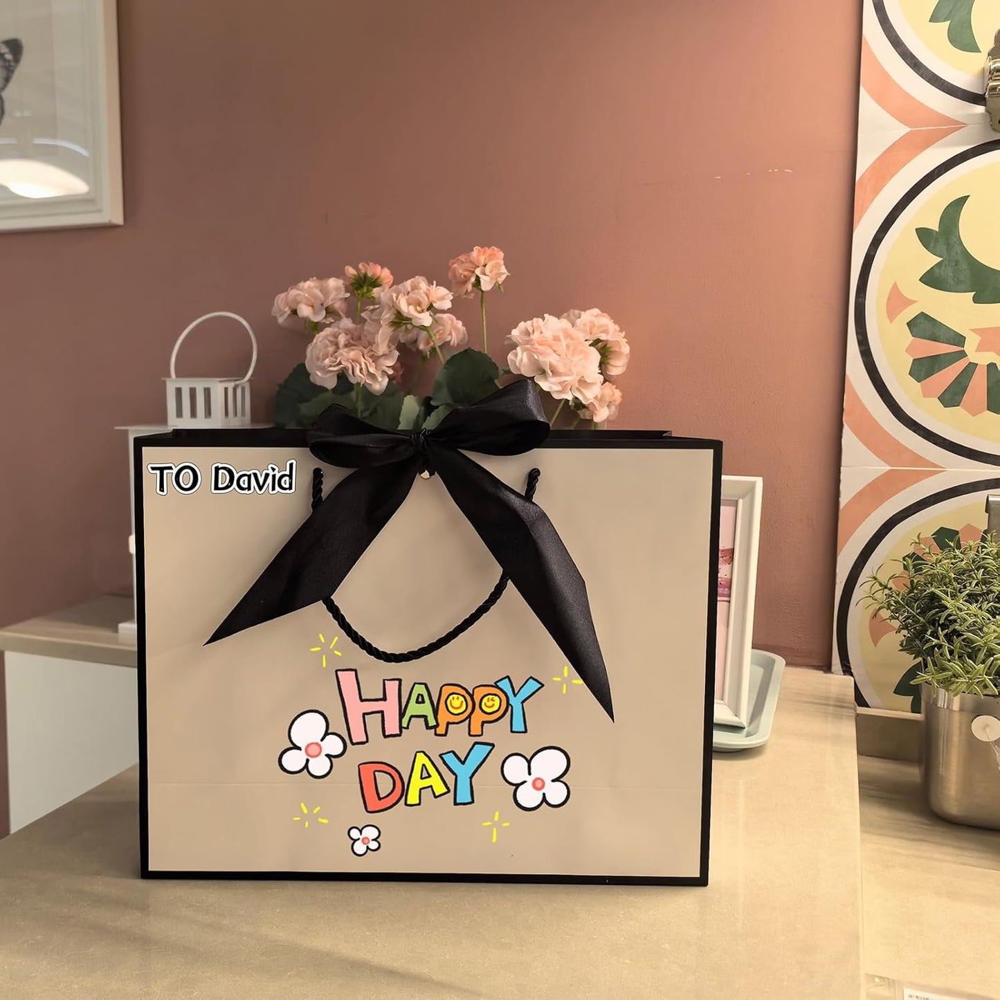 TKSBAG 12PCS Gift Bags Medium Size with Handles, 12.5 x 9.8 x 4.3 In White Black Thank You Bags with Bow Ribbon for Wedding, Birthday, bridesmaid, Groomsmen, Party Favors, Thanksgiving, Christmas